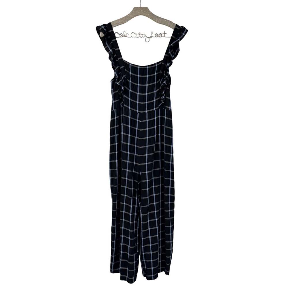 Urban Outfitters Black Windowpane Jumpsuit XL Wide Leg Ruffle Strap Casual